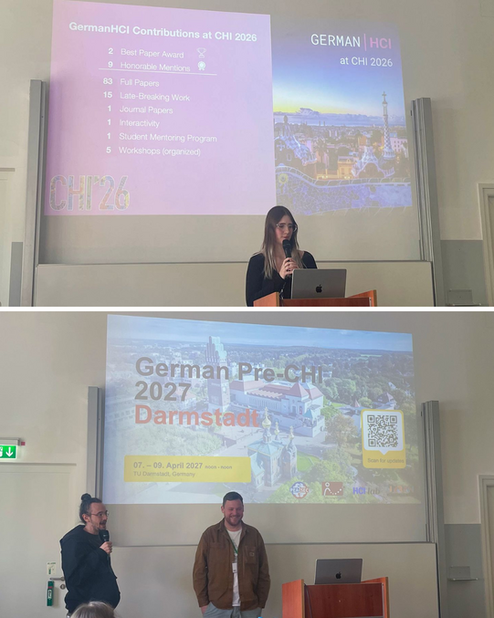 Abschlussmomente der deutschen Pre-CHI 2026: Clara Sayffaerth reflektiert die Veranstaltung (oben), gefolgt von Prof. Florian Müller und Jan Gugenheimer, die die TU Darmstadt als nächsten Gastgeber für 2027 ankündigen (unten).