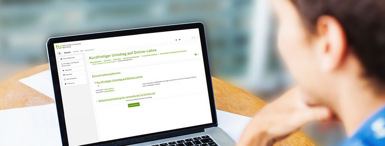 Student sitzt am Arbeitsplatz und schaut auf Laptop.